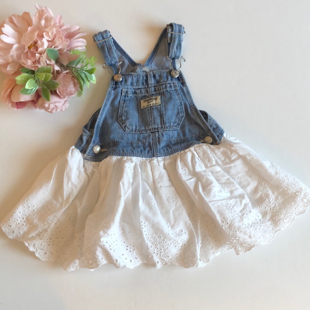Osh Kosh Girl Bib Overalls Denim Dress Jumper White Eyelet Lace skirt 24M